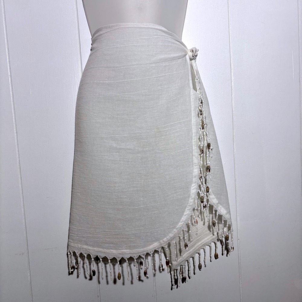 Artisan Made in Mexico White Gauze Wrap Skirt Beaded Shell Fringe Beach Coastal